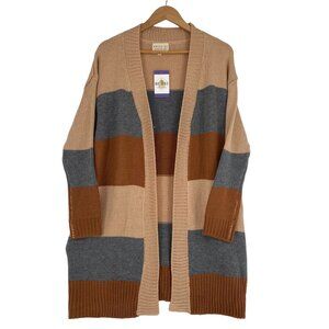 NWT Dress Up Womens M Cozy Camel Grey Stripe Longline Cardigan Sweater Layering
